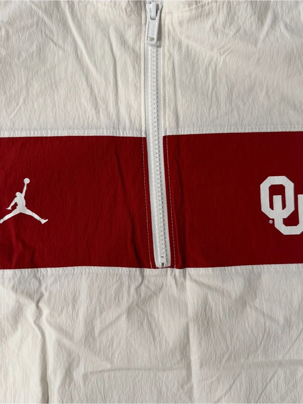 Jordan White and Crimson Half-Zip Windbreaker with OU Logo